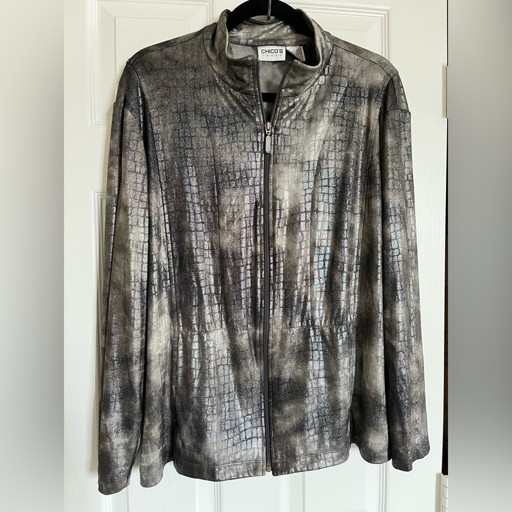 Chico's Metallic Black & Gray Jacket crocodile-like pattern full-zip frontsize 3